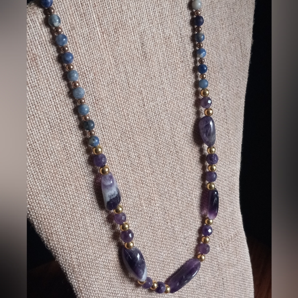 Gold Tone Beads with Amethyst & Sodalite Beads Necklace